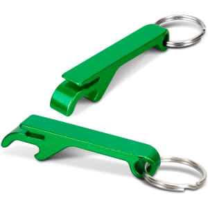 A drink bottle opener key ring in bright green metal, featuring a simple design and a keyring attachment.