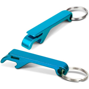 A drink bottle opener key ring in bright blue metal, featuring a sleek design and a keyring attachment.
