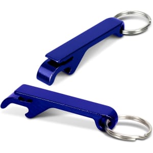A drink bottle opener key ring in a sleek blue finish with a metal keyring attachment and a streamlined design.