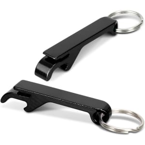 A drink bottle opener key ring in sleek black metal with a key ring attachment, featuring a simple, functional design.