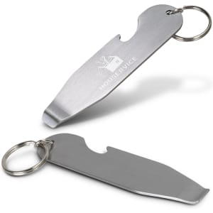 A stainless steel key ring bottle opener with a sleek, curved design and a small attached keyring.