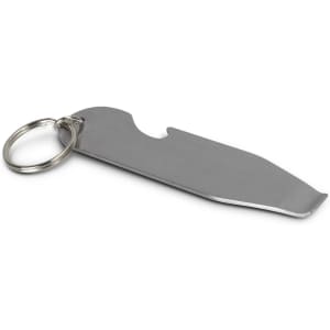 A stainless steel key ring designed as a bottle opener and paint tin opener, sleek and simple in design.