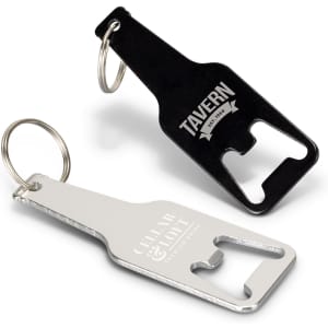 A drink bottle opener key ring in silver and black, featuring a logo on each piece.