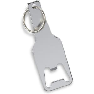A drink bottle opener key ring in metallic silver, shaped like a bottle, with a metal key ring attachment.