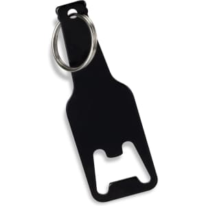A drink bottle opener key ring in black, featuring a keyring attachment and a bottle opener design.