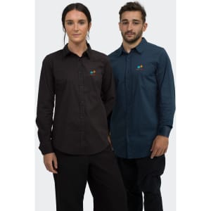 A dark brown men's button-up shirt and a teal men's button-up shirt worn by a model duo, featuring a logo.