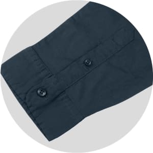 A dark green button-up shirt sleeve featuring two buttons and a pointed cuff. The fabric is smooth and lightweight.