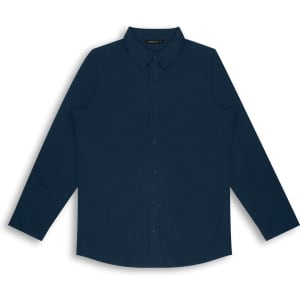 A navy blue button-up shirt with long sleeves and a pointed collar, featuring a logo on the front.
