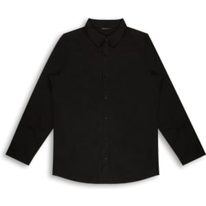 A black button-up shirt with a classic collar and long sleeves, featuring a logo.