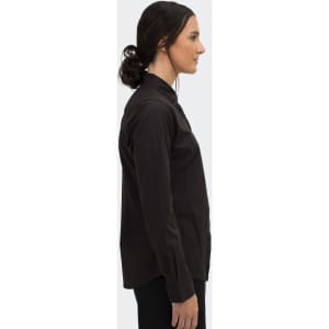 A women's black poplin button-up shirt with long sleeves, featuring a collar and a side view of the fit.