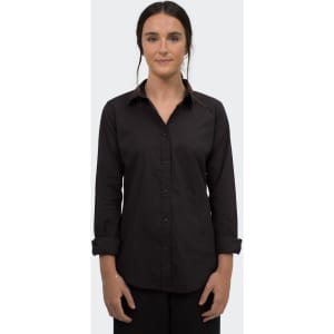 A black button-up shirt with long sleeves and a classic collar, featuring a branding logo.