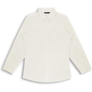 A button-up women's poplin shirt in a light cream colour with a collar and long sleeves. Features a logo.