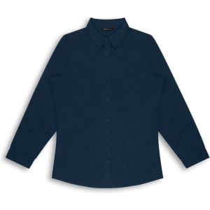 A navy blue long-sleeve women's poplin button-up shirt with a collar and a logo.