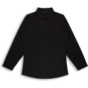 A black button-up women's poplin shirt with long sleeves and a collar, featuring a logo.