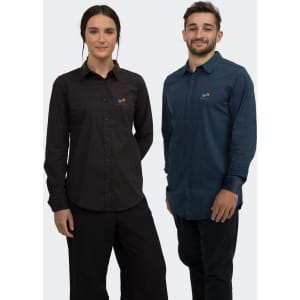 A women's black poplin button-up shirt and a men's navy blue button-up shirt, both with a logo.
