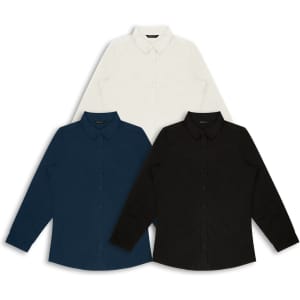 Three button-up shirts displayed: one in white, one in navy, and one in black, featuring a collar and long sleeves.