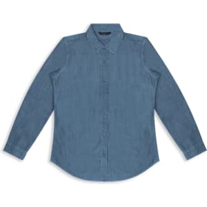 A blue denim button-up shirt with long sleeves and a collared neckline, featuring a logo.