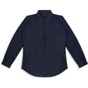 A navy blue button-up men's denim shirt with long sleeves and a collar, featuring a branded label.