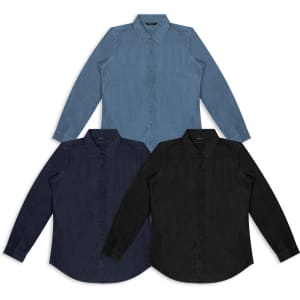 Three TRENDSWEAR Chester men's denim shirts in light blue, dark blue, and black, featuring buttons and a collar.