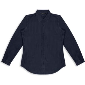A navy blue women's denim button-up shirt with long sleeves and a collar, featuring a branded logo.