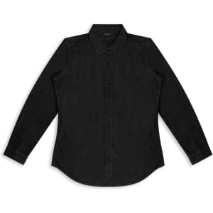 A black women's denim shirt with long sleeves and a button-up front. It features a collar and has a logo.