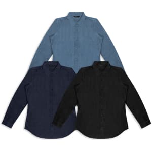 A collection of women's button-up denim shirts in dark blue, light blue, and black, featuring collars and long sleeves.