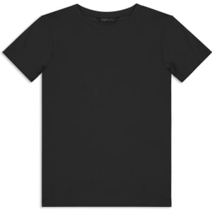 A black youth t-shirt featuring a classic crew neck and short sleeves, with a logo present.
