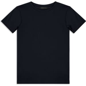 A plain navy youth T-shirt with a round neckline and short sleeves, featuring a logo on the label.