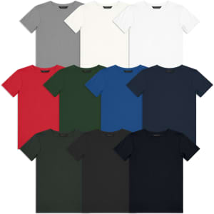 A collection of youth t-shirts in grey, white, red, green, blue, and navy, featuring a logo on each shirt.