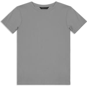 A grey youth t-shirt with short sleeves, featuring a simple design and a logo on the label.