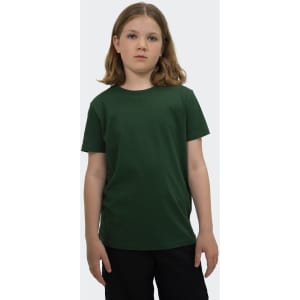 A youth T-shirt in dark green displayed on a child, featuring short sleeves and a crew neck. The shirt has a logo.