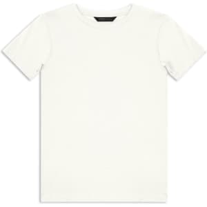 A white youth t-shirt with a standard crew neck and short sleeves. It features a branding logo.