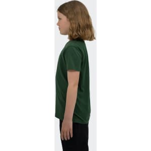 A green youth T-shirt is displayed, shown from the side, featuring a logo.