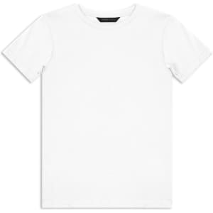 A white youth t-shirt with a crew neck and short sleeves. It features a branding logo.
