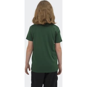A green youth t-shirt with short sleeves, displayed from the back, featuring a simple design and branding.
