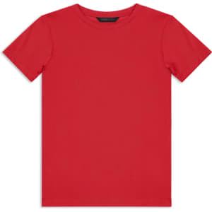 A plain red youth t-shirt with a crew neck and short sleeves, featuring a small logo.