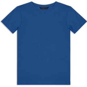 A blue youth T-shirt with a round neckline and short sleeves, featuring a logo.