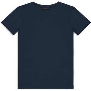 A navy blue youth T-shirt with short sleeves and a simple design, featuring a logo on the label.