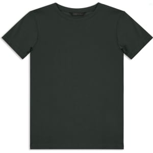 A dark green youth t-shirt with a simple design and a logo on the label. Short sleeves and a round neckline.