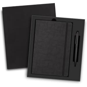 A black writing set featuring a notebook and pen, presented in a sleek black gift box with a logo.