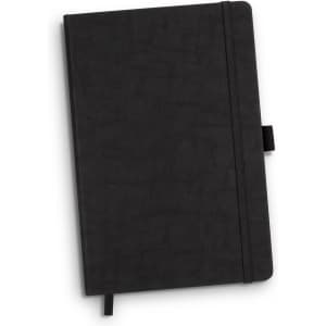 A black notebook with a textured cover, featuring an elastic band closure and a ribbon marker.