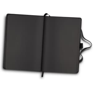 A black notebook with blank pages, featuring a ribbon bookmark and cover. It has a logo on the front.