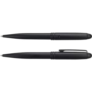 A black Onyx Writing Set featuring two sleek, matching ballpoint pens. It includes a logo on the pens.