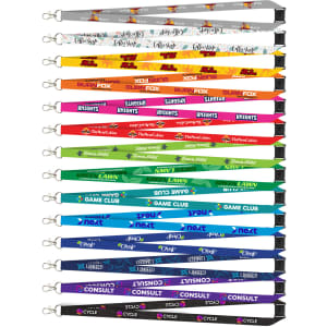 A collection of colourful 16mm lanyards featuring various designs and branding on each.