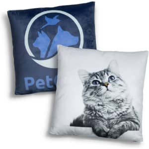 A plush cushion featuring a grey cat design on one side and a blue logo on the other.