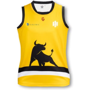 A yellow women's AFL top featuring a black bull silhouette and a logo, with black and white accents.