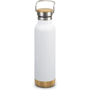 A drink bottle in white with a bamboo base and a stainless steel top, featuring a metal handle and a logo.