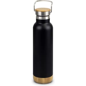 A drink bottle in black with a bamboo base and a metal cap, featuring a handle for easy carrying.
