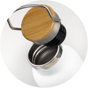 A drink bottle featuring a stainless steel body and a bamboo lid, showcasing an open spout.