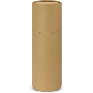 A drink bottle in a cylindrical, kraft paper packaging with a seamless design and an integrated lid.
